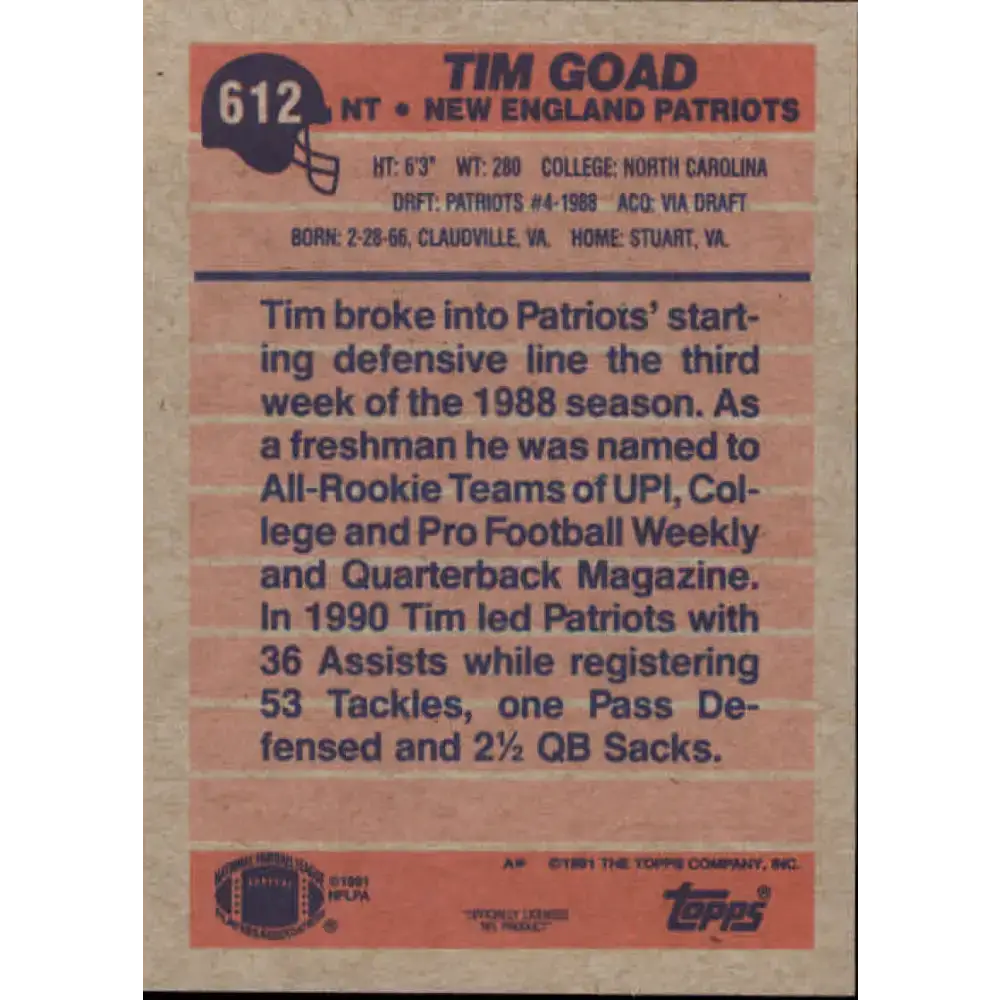 1991 Topps #612 Tim Goad NM-MT New England Patriots Football Card