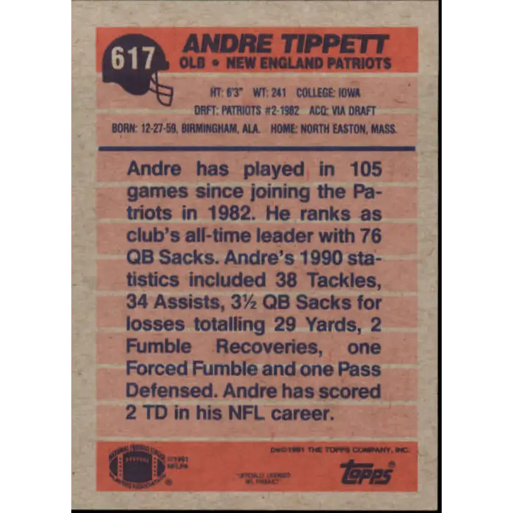 1991 Topps #617 Andre Tippett NM-MT New England Patriots Football Card