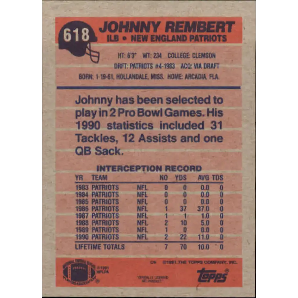 1991 Topps #618 Johnny Rembert NM-MT New England Patriots Football Card - Football Card Single