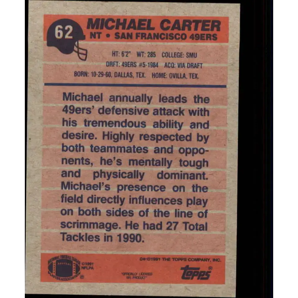 1991 Topps #62 Michael Carter NM-MT San Francisco 49ers Football Card - Football Card Single