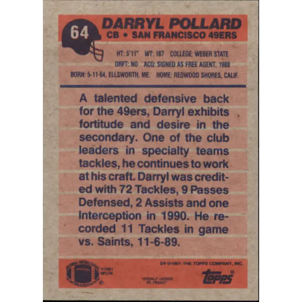 1991 Topps #64 Darryl Pollard NM-MT San Francisco 49ers Football Card - Football Card Single