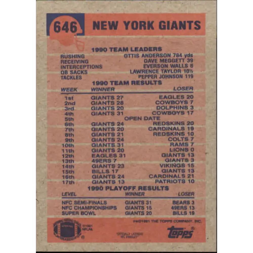 1991 Topps #646 Maurice Carthon NM-MT New York Giants Football Card