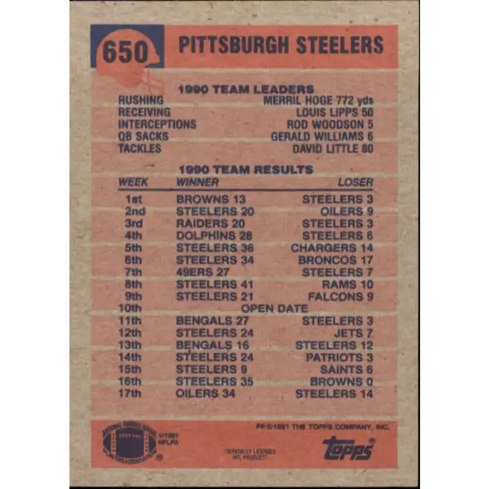 1991 Topps #650 Bubby Brister NM-MT Pittsburgh Steelers Football Card