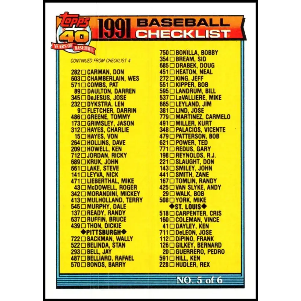 1991 Topps #656 Checklist #5 NM-MT Checklist Baseball Card - Baseball Card Single