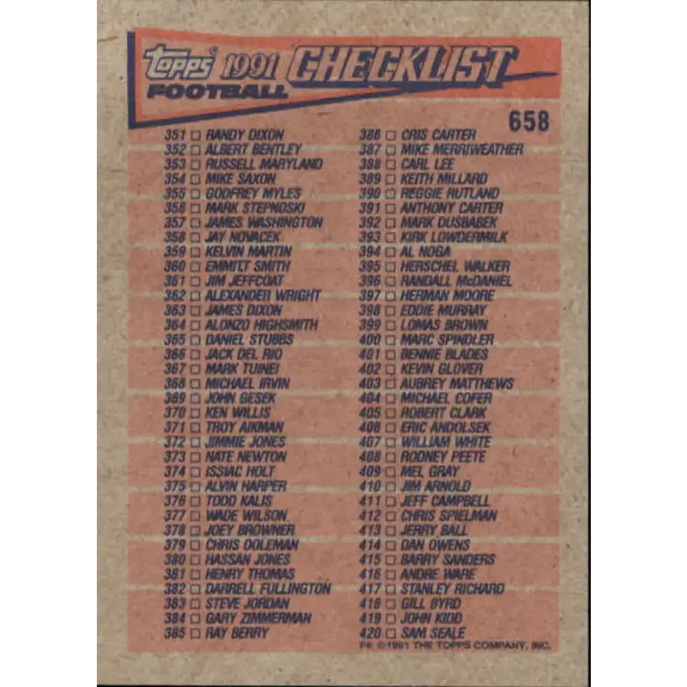 1991 Topps #658 Checklist 281-420 NM-MT Football Card - Football Card Single