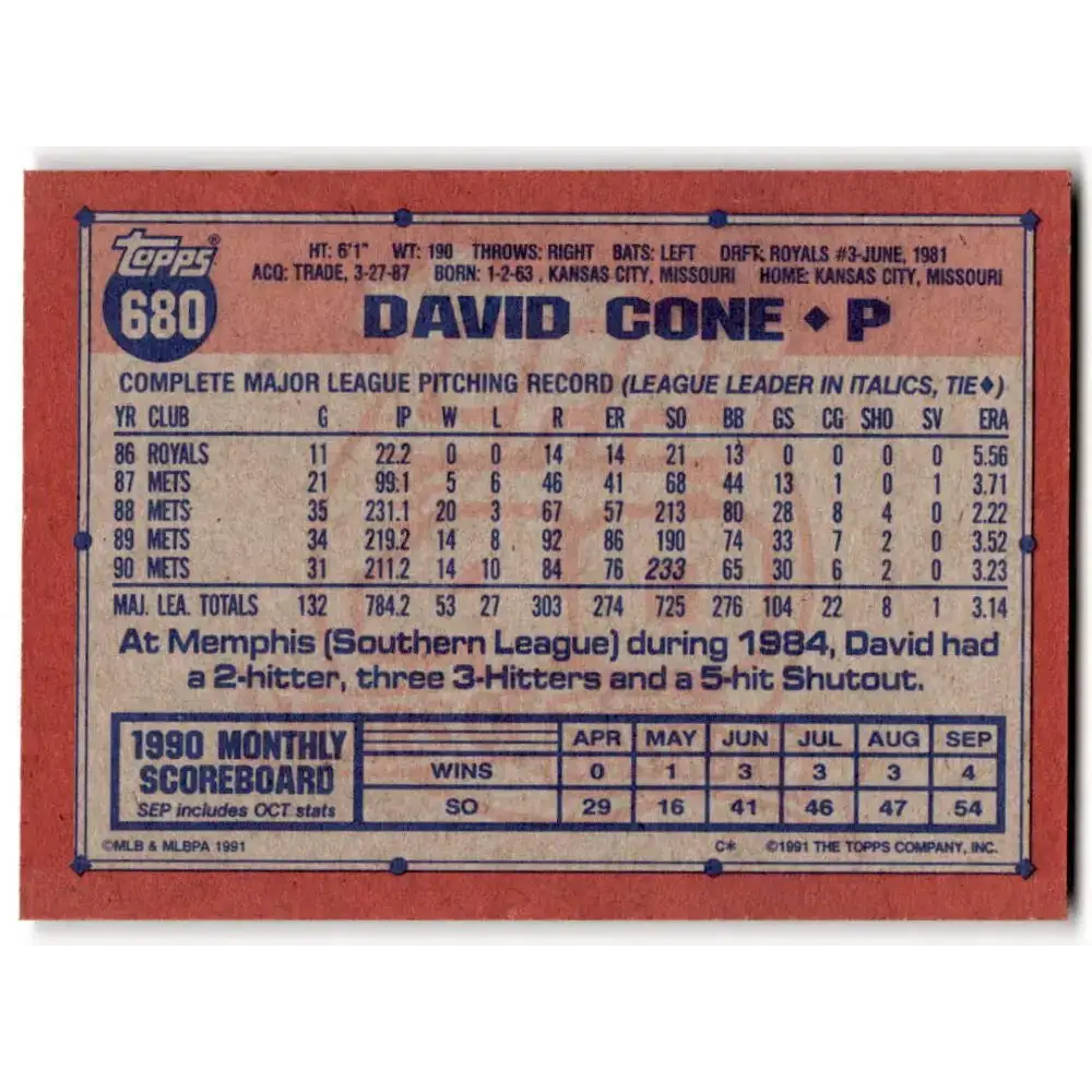 1991 Topps #680 David Cone NM-MT New York Mets Baseball Card - Baseball Card Single