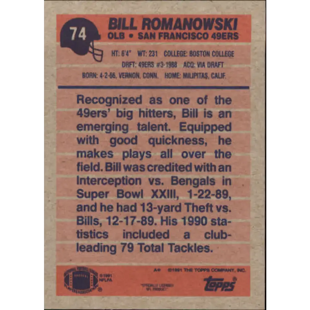 1991 Topps #74 Bill Romanowski NM-MT San Francisco 49ers Football Card - Football Card Single