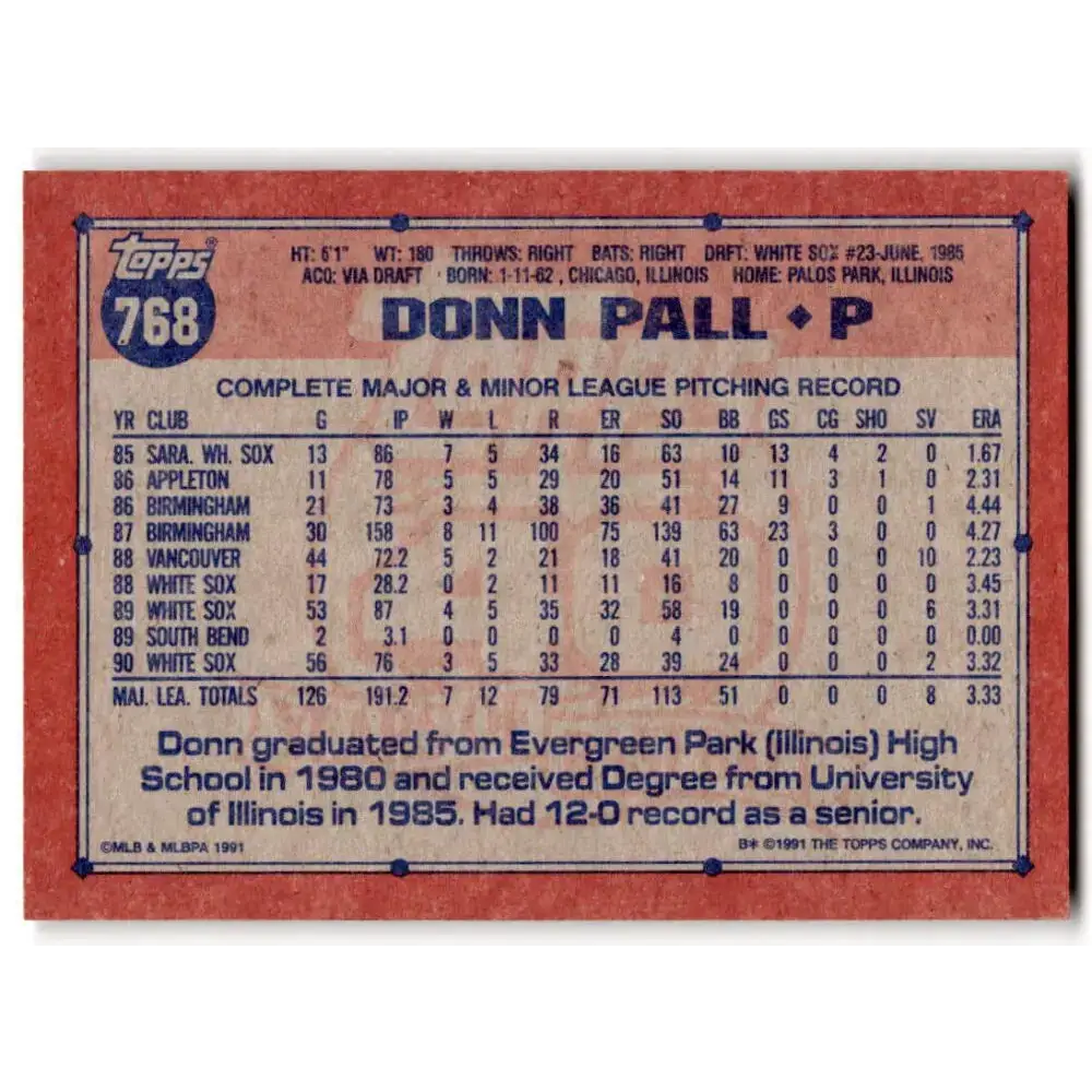 1991 Topps #768 Donn Pall NM-MT Chicago White Sox Baseball Card - Baseball Card Single