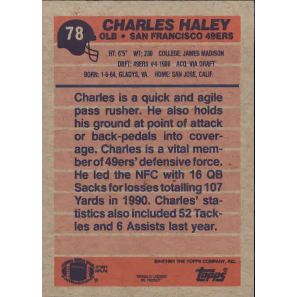 1991 Topps #78 Charles Haley NM-MT San Francisco 49ers Football Card - Football Card Single