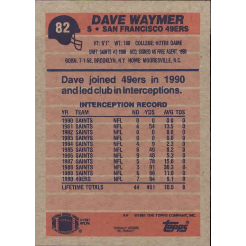 1991 Topps #82 Dave Waymer NM-MT San Francisco 49ers Football Card - Football Card Single