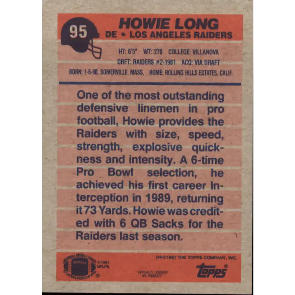 1991 Topps #95 Howie Long NM-MT Los Angeles Raiders Football Card - Football Card Single