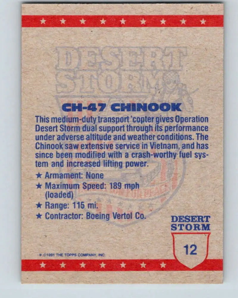 1991 Topps Desert Storm #12A CH-47 Chinook Stock Image Ãâ Regular Error or Misprint May Ship NonSport Trading Card