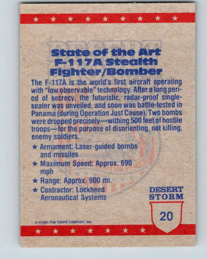 1991 Topps Desert Storm #20A State of the Art Stealth Fighter Bomber Stock Image Ãâ Regular Error or Misprint May Shi