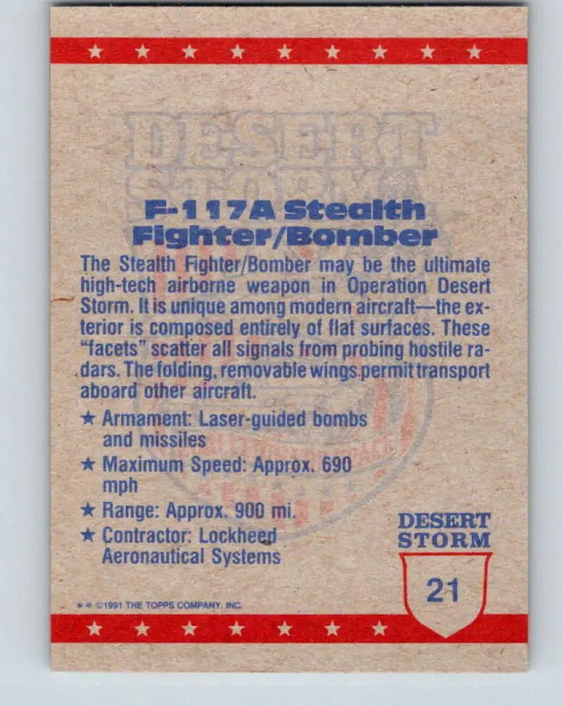 1991 Topps Desert Storm #21A F-117A Stealth Stock Image Ãâ Regular Error or Misprint May Ship NonSport Trading Card