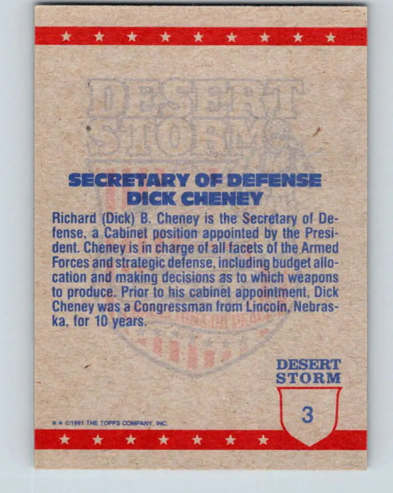 1991 Topps Desert Storm #3A Dick Cheney Stock Image Ãâ Regular Error or Misprint May Ship NonSport Trading Card