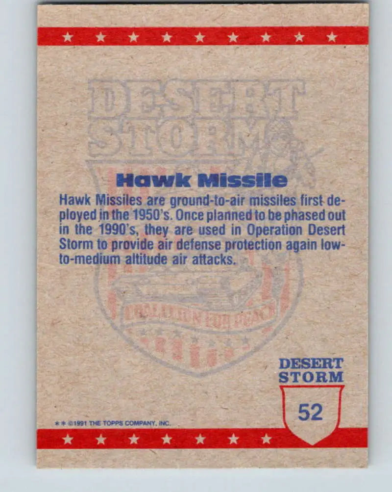 1991 Topps Desert Storm #52A Hawk Missile Stock Image Ãâ Regular Error or Misprint May Ship NonSport Trading Card