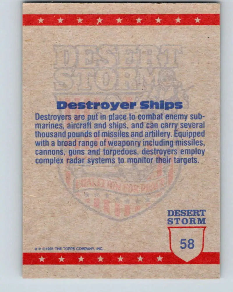1991 Topps Desert Storm #58A Destroyers Stock Image Ãâ Regular Error or Misprint May Ship NonSport Trading Card