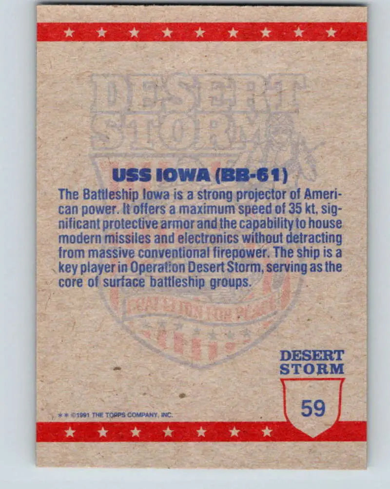 1991 Topps Desert Storm #59A USS Iowa Stock Image Ãâ Regular Error or Misprint May Ship NonSport Trading Card