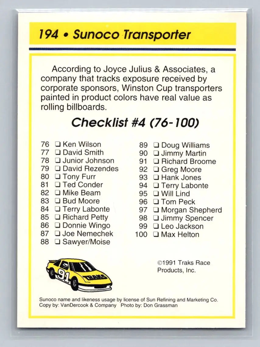 1991 Traks #194 Sunoco Transporter Hagan Enterprises - Racing Card Single