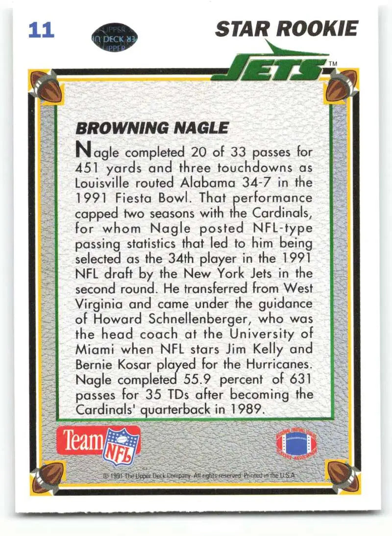 1991 Upper Deck #11 Browning Nagle NM-MT RC Rookie New York Jets Football Card - Football Card Single