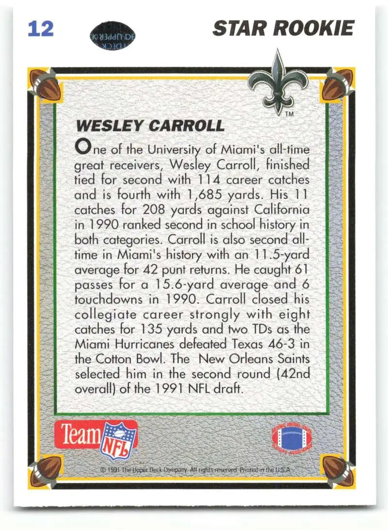 1991 Upper Deck #12 Wesley Carroll NM-MT RC Rookie New Orleans Saints Football Card - Football Card Single