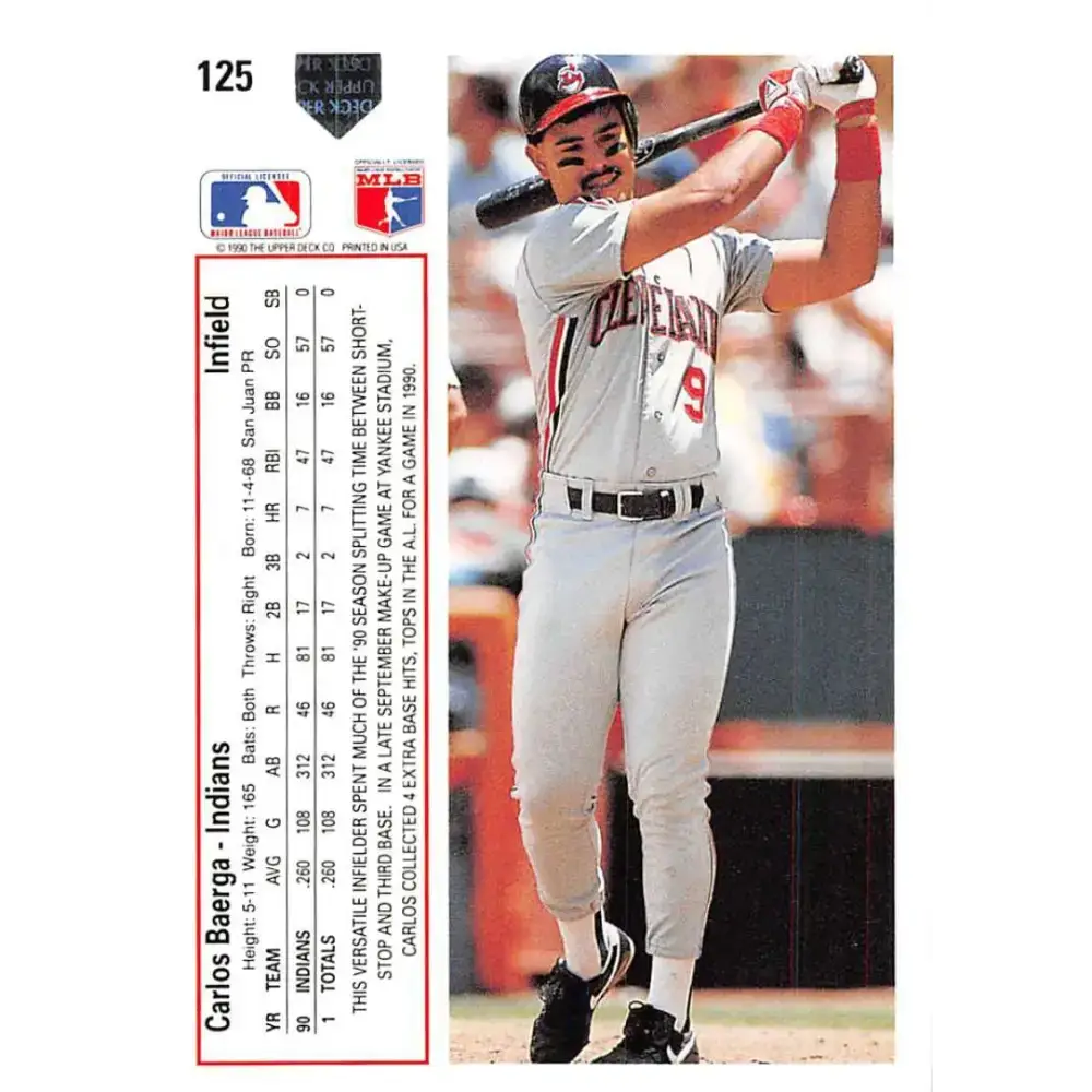 1991 Upper Deck #125 Carlos Baerga EX Excellent Cleveland Indians Baseball Card - Baseball Card Single