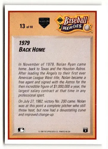 Baseball card back showing Nolan Ryan from 1991 Upper Deck Baseball Heroes series