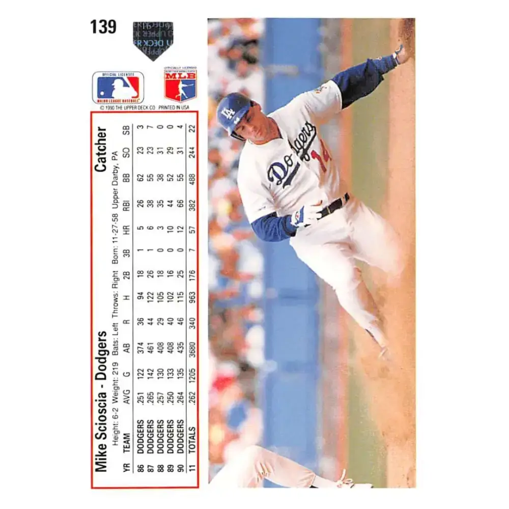 1991 Upper Deck #139 Mike Scioscia NM-MT Los Angeles Dodgers Baseball Card - Baseball Card Single