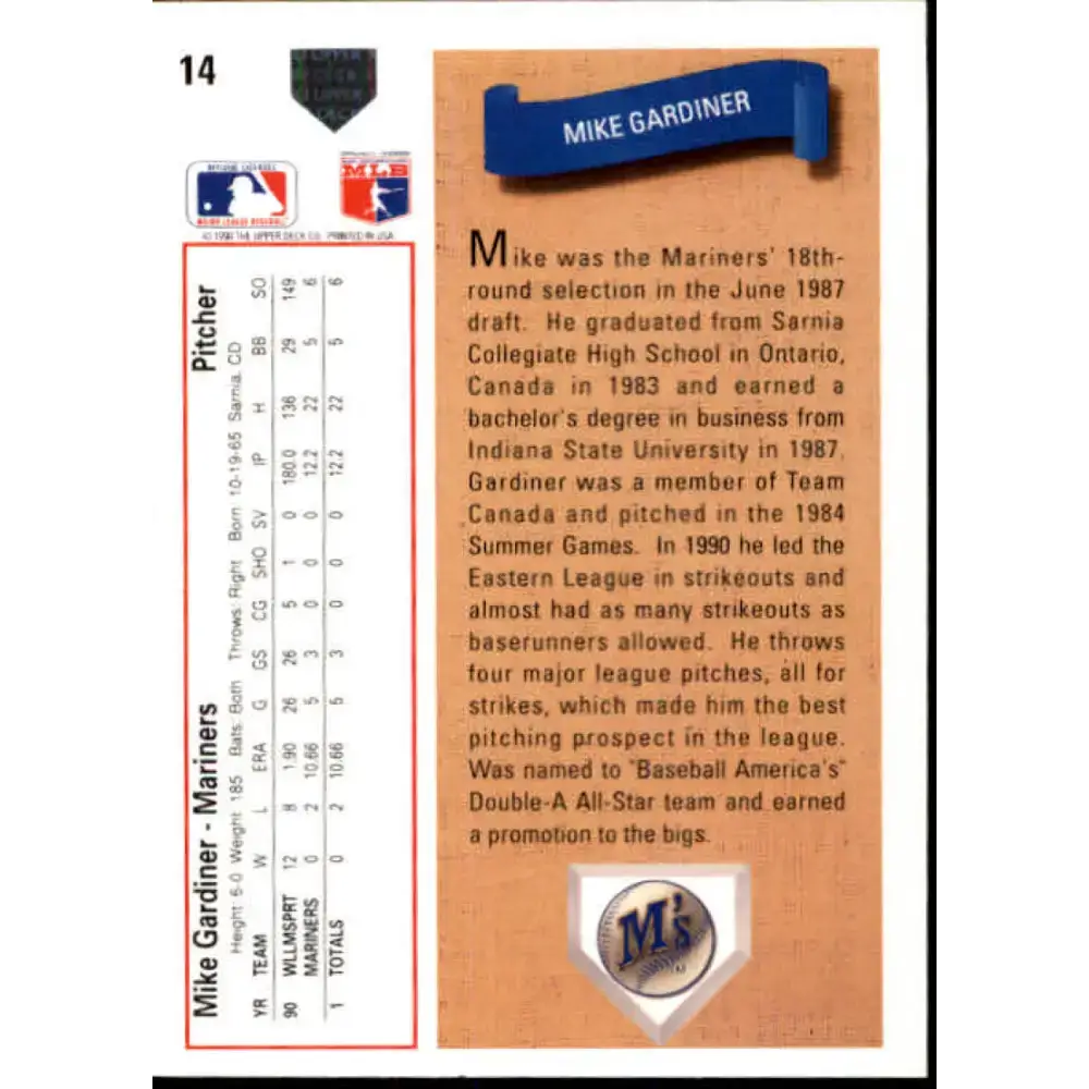 1991 Upper Deck #14 Mike Gardiner EX Excellent RC Rookie Seattle Mariners Baseball Card - Baseball Card Single