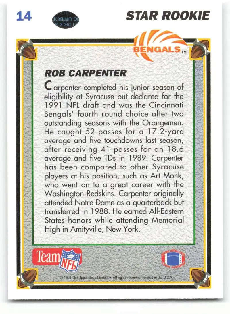 1991 Upper Deck #14 Rob Carpenter NM-MT RC Rookie Cincinnati Bengals Football Card - Football Card Single