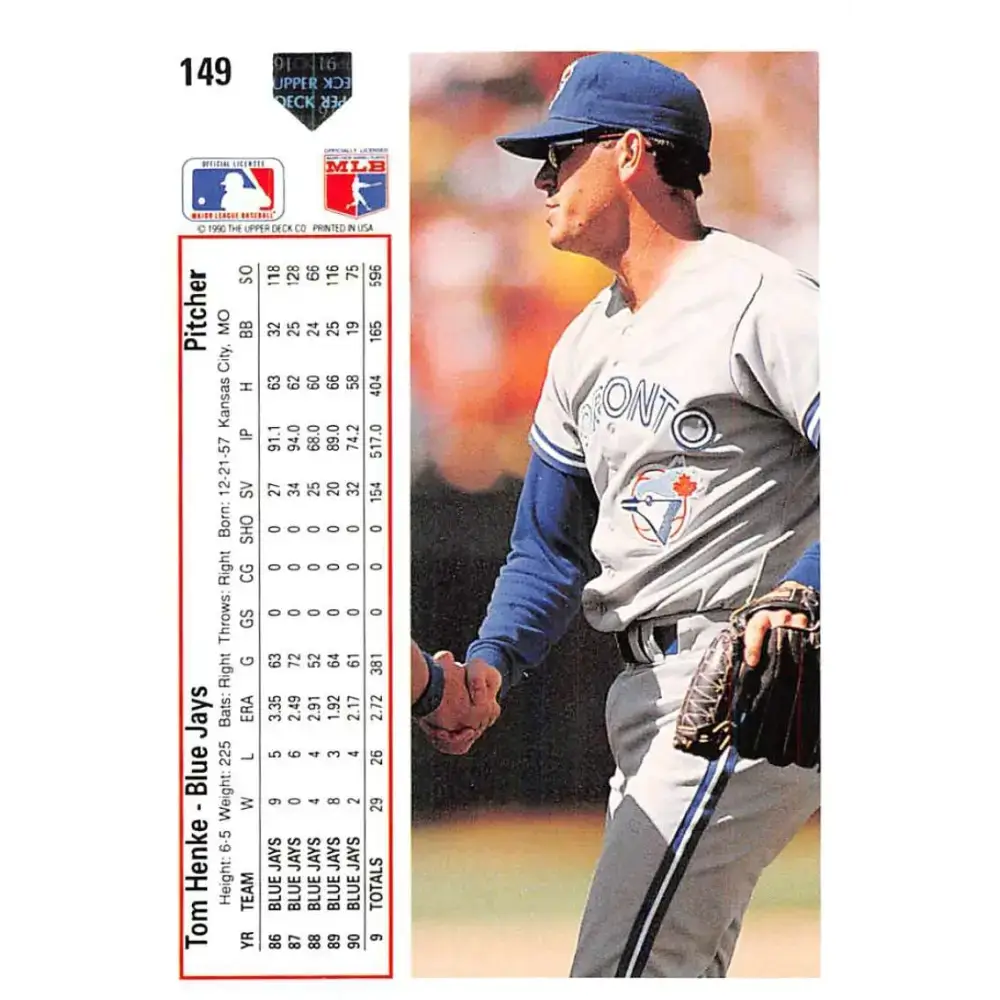 1991 Upper Deck #149 Tom Henke EX Excellent Toronto Blue Jays Baseball Card - Baseball Card Single