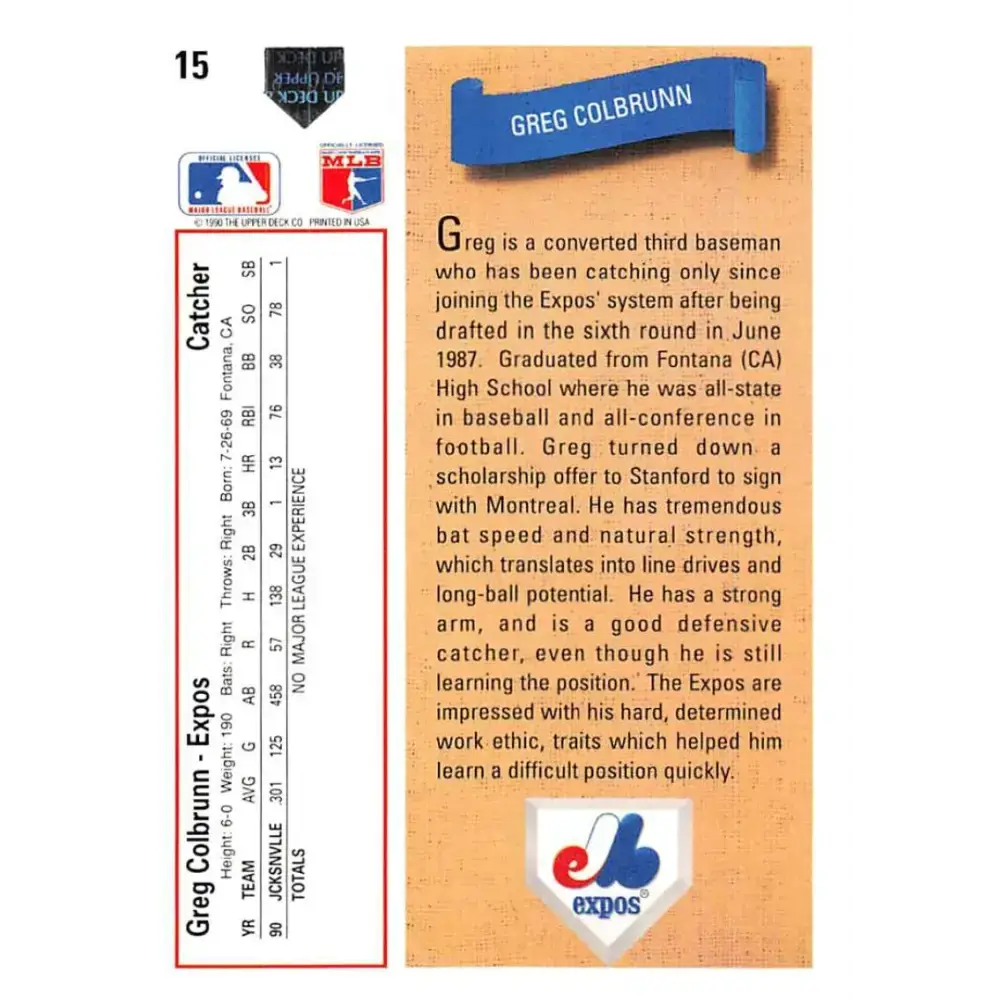 1991 Upper Deck #15 Greg Colbrunn EX Excellent RC Rookie Montreal Expos Baseball Card - Baseball Card Single