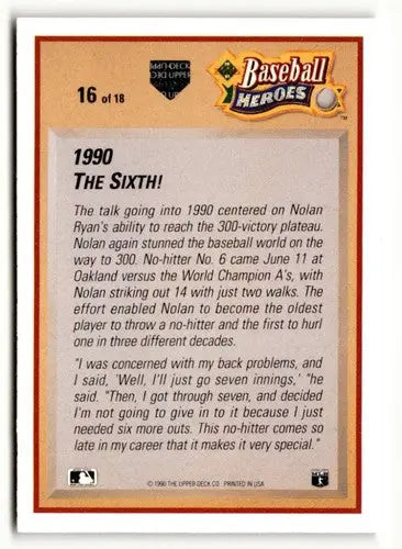 Baseball card back of Nolan Ryan with original gloss from 1991 Upper Deck #16