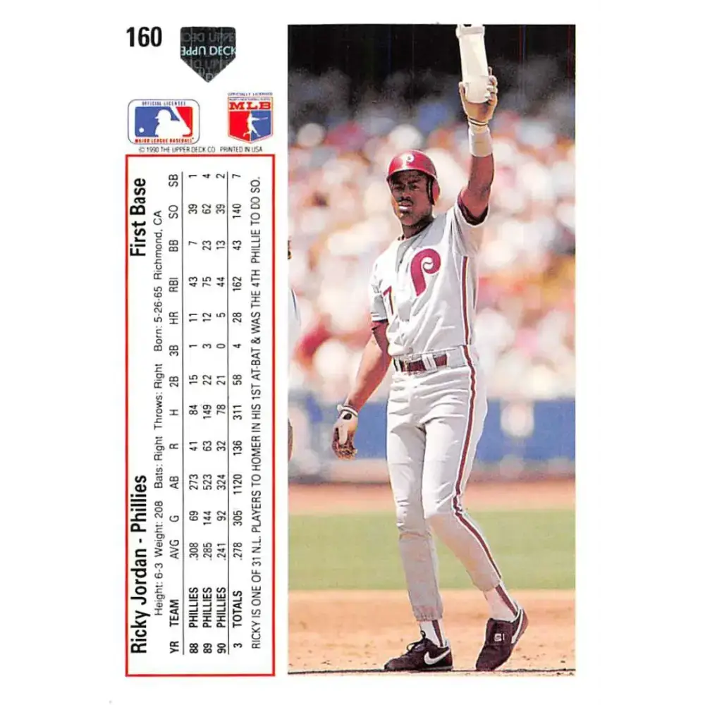 1991 Upper Deck #160 Ricky Jordan EX Excellent Philadelphia Phillies Baseball Card - Baseball Card Single