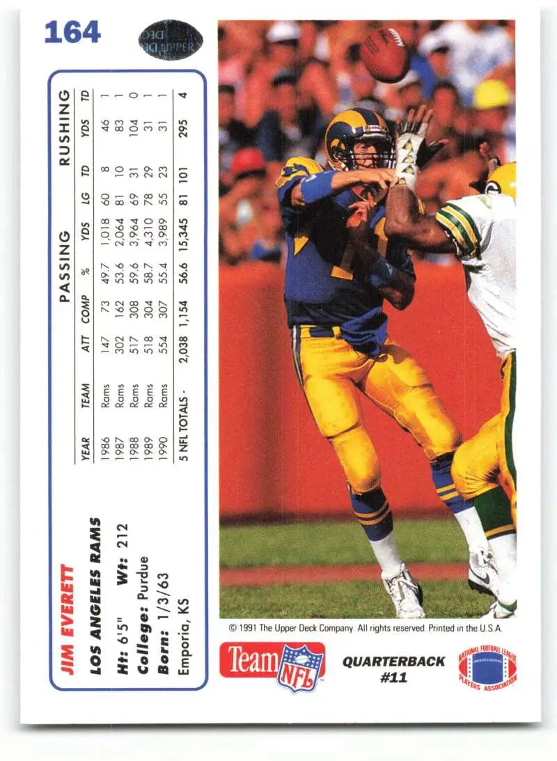 1991 Upper Deck #164 Jim Everett NM-MT Los Angeles Rams Football Card - Football Card Single