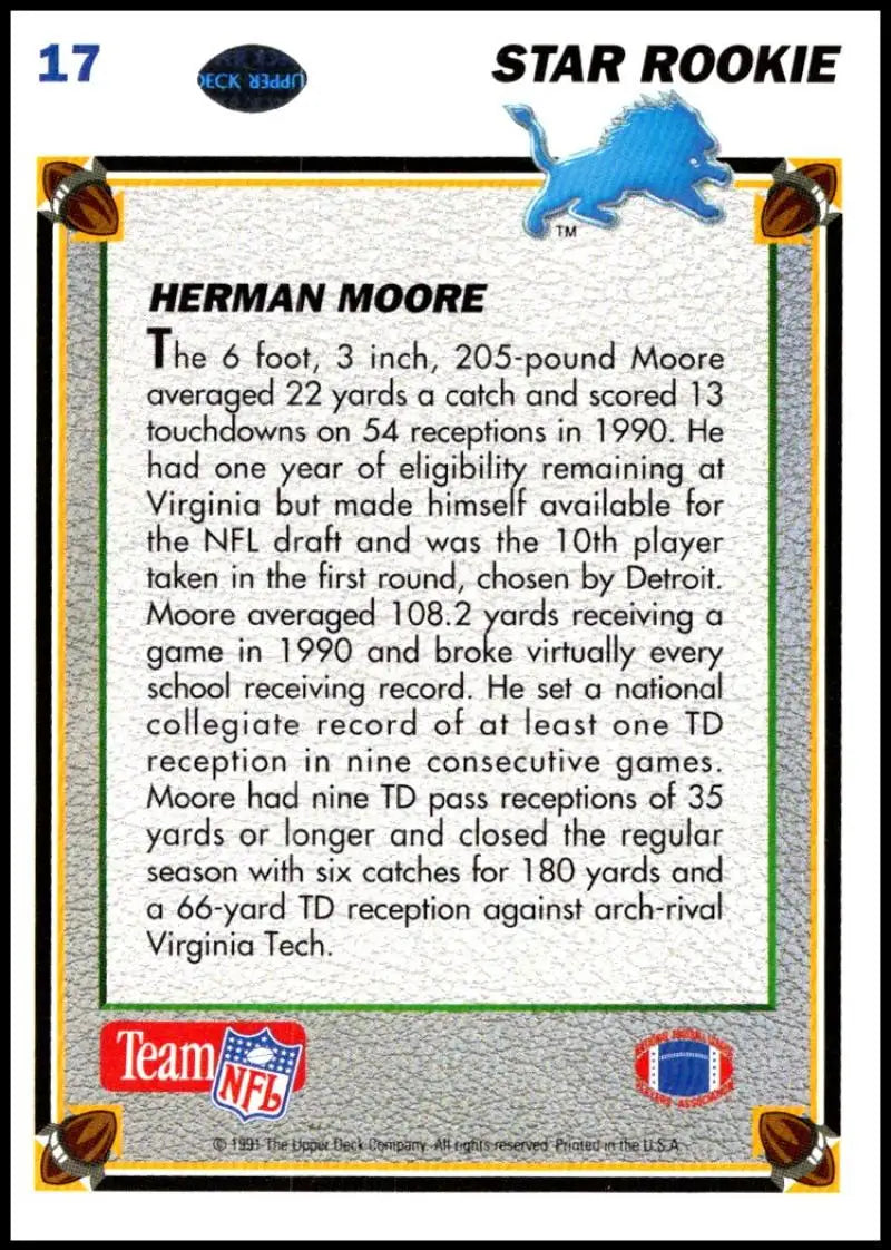 1991 Upper Deck #17 Herman Moore NM-MT RC Rookie Detroit Lions Football Card - Football Card Single