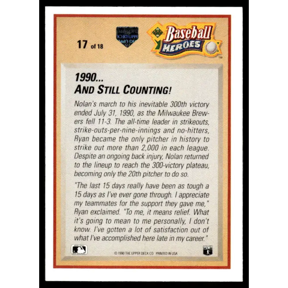 1991 Upper Deck #17 Nolan Ryan EX/NM Texas Rangers Baseball Card