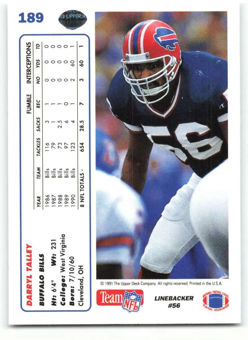 1991 Upper Deck #189 Darryl Talley NM-MT Buffalo Bills Football Card - Football Card Single