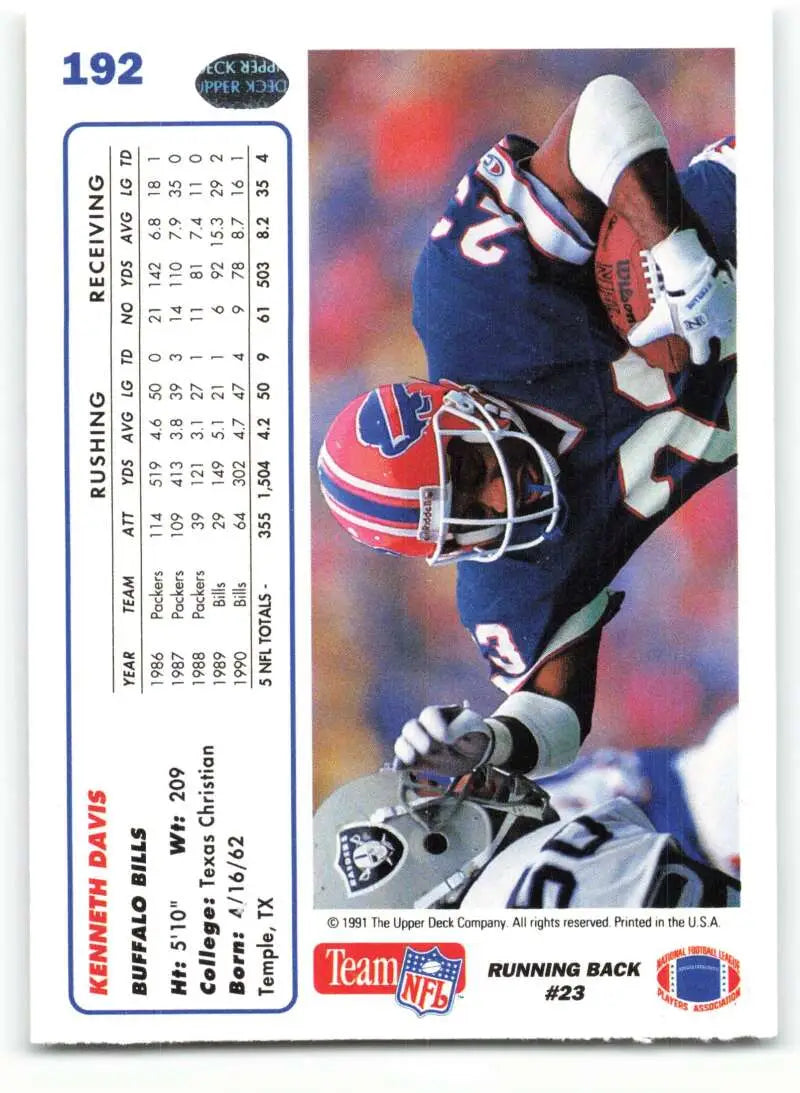 1991 Upper Deck #192 Kenneth Davis NM-MT Buffalo Bills Football Card - Football Card Single