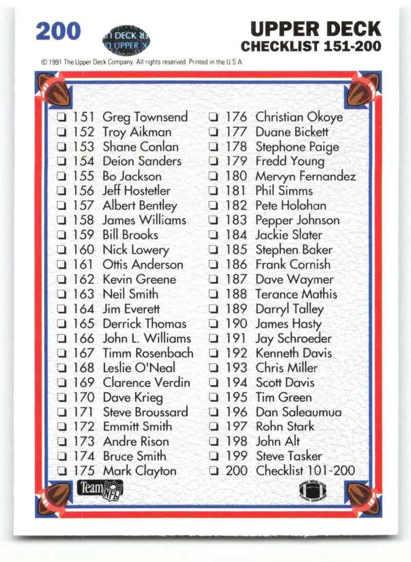 1991 Upper Deck #200 Checklist 101-200 NM-MT Football Card - Football Card Single