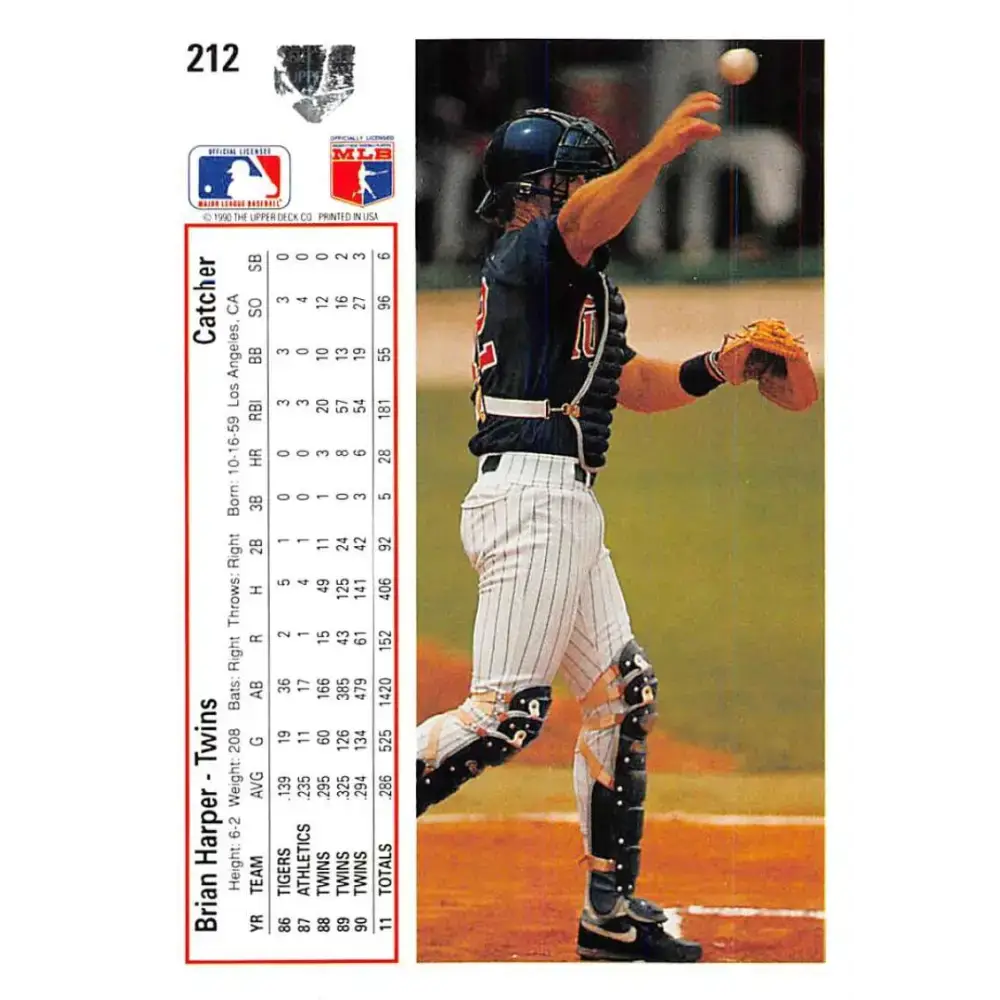 1991 Upper Deck #212 Brian Harper EX Excellent Minnesota Twins Baseball Card - Baseball Card Single