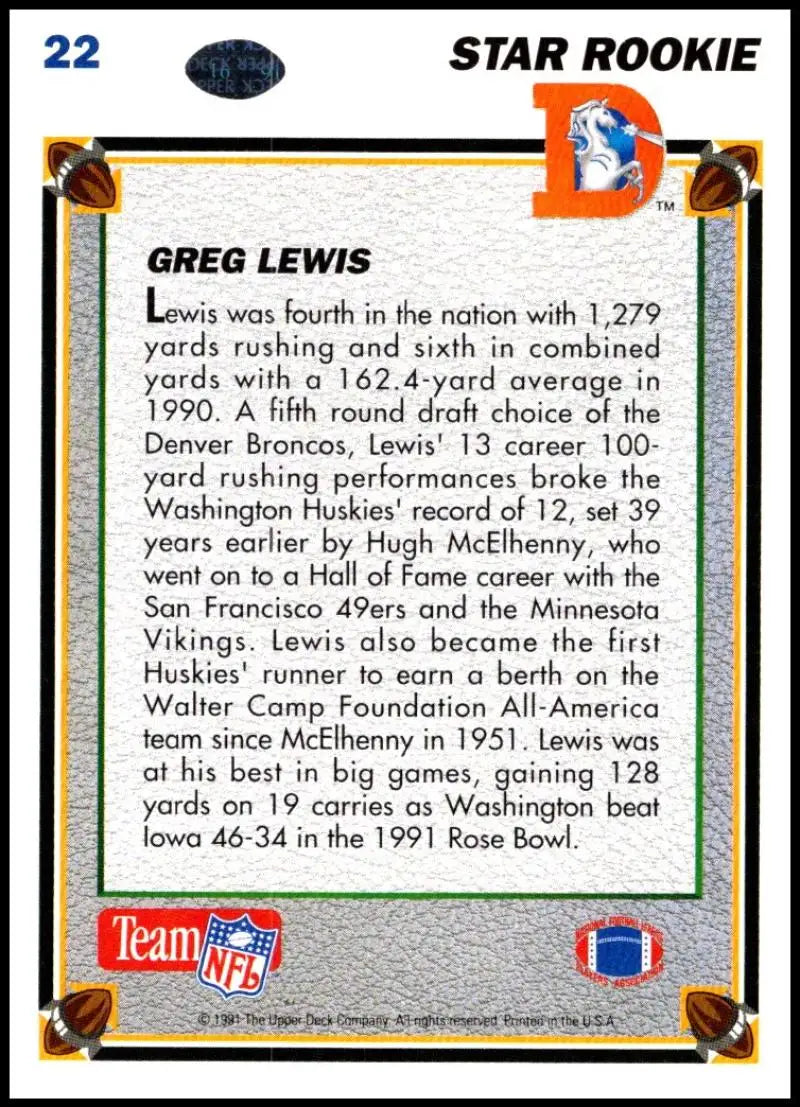 1991 Upper Deck #22 Greg Lewis NM-MT RC Rookie Denver Broncos Football Card - Football Card Single