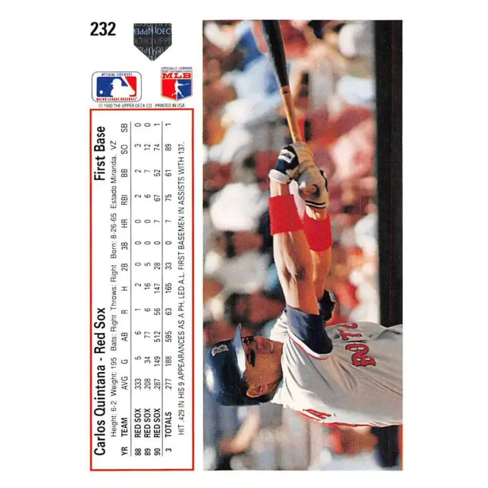 1991 Upper Deck #232 Carlos Quintana EX Excellent Boston Red Sox Baseball Card - Baseball Card Single