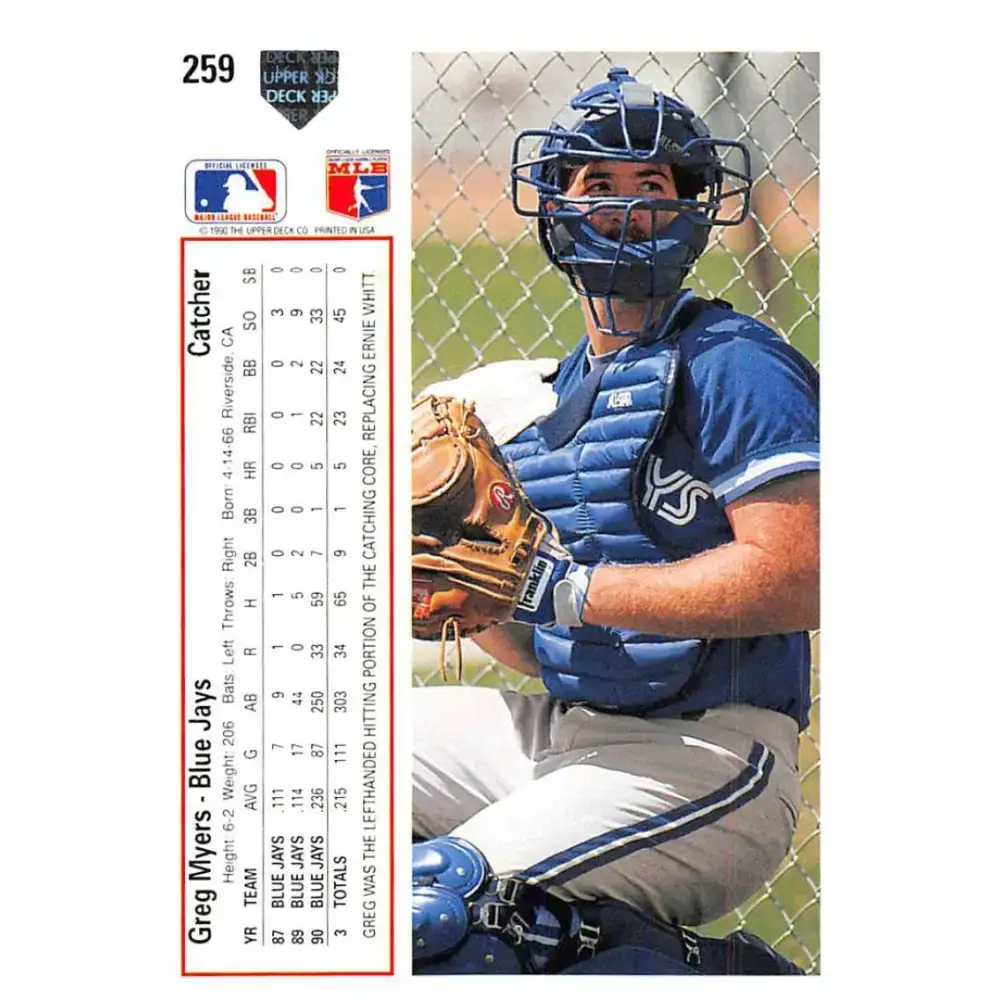 1991 Upper Deck #259 Greg Myers EX Excellent Toronto Blue Jays Baseball Card - Baseball Card Single