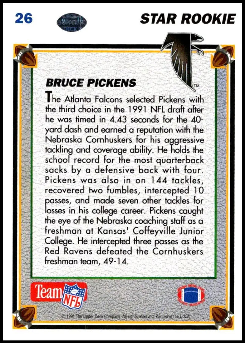 1991 Upper Deck #26 Bruce Pickens NM-MT RC Rookie Atlanta Falcons Football Card - Football Card Single