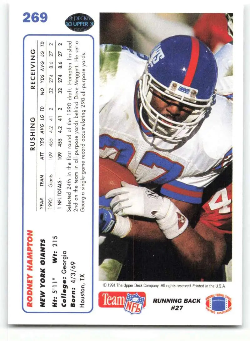 1991 Upper Deck #269 Rodney Hampton NM-MT New York Giants Football Card - Football Card Single