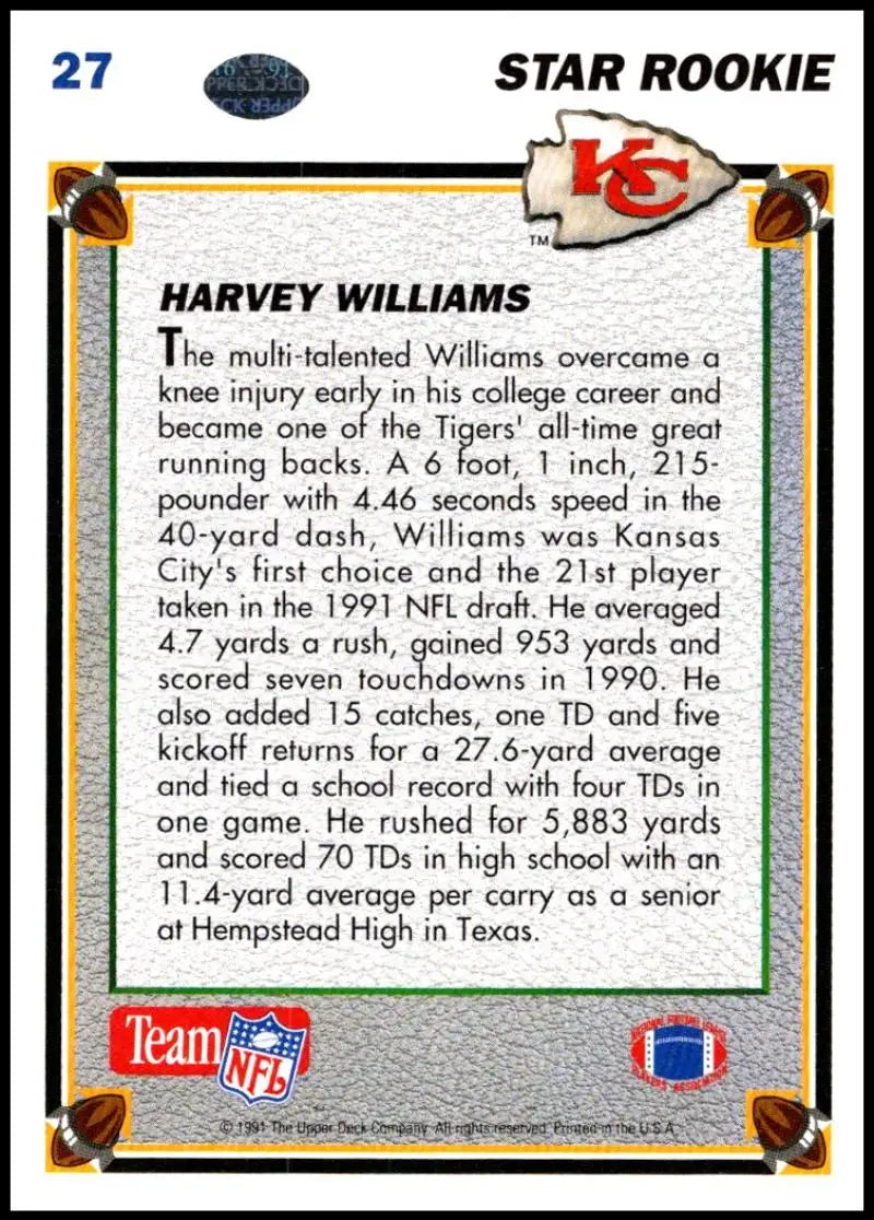 1991 Upper Deck #27 Harvey Williams NM-MT RC Rookie Kansas City Chiefs Football Card - Football Card Single