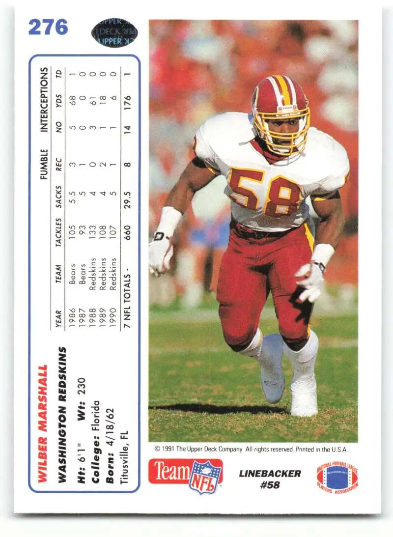 1991 Upper Deck #276 Wilber Marshall NM-MT Washington Redskins Football Card - Football Card Single