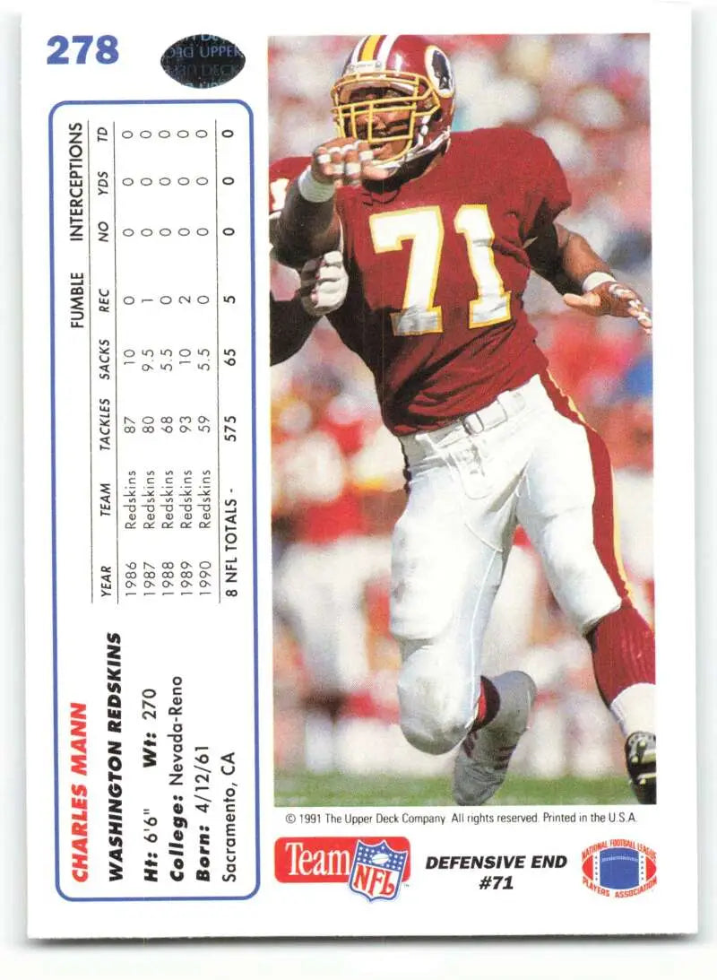 1991 Upper Deck #278 Charles Mann NM-MT Washington Redskins Football Card - Football Card Single