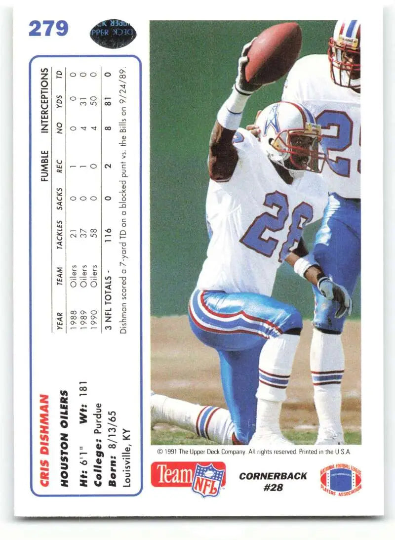 1991 Upper Deck #279 Cris Dishman NM-MT RC Rookie Houston Oilers Football Card - Football Card Single